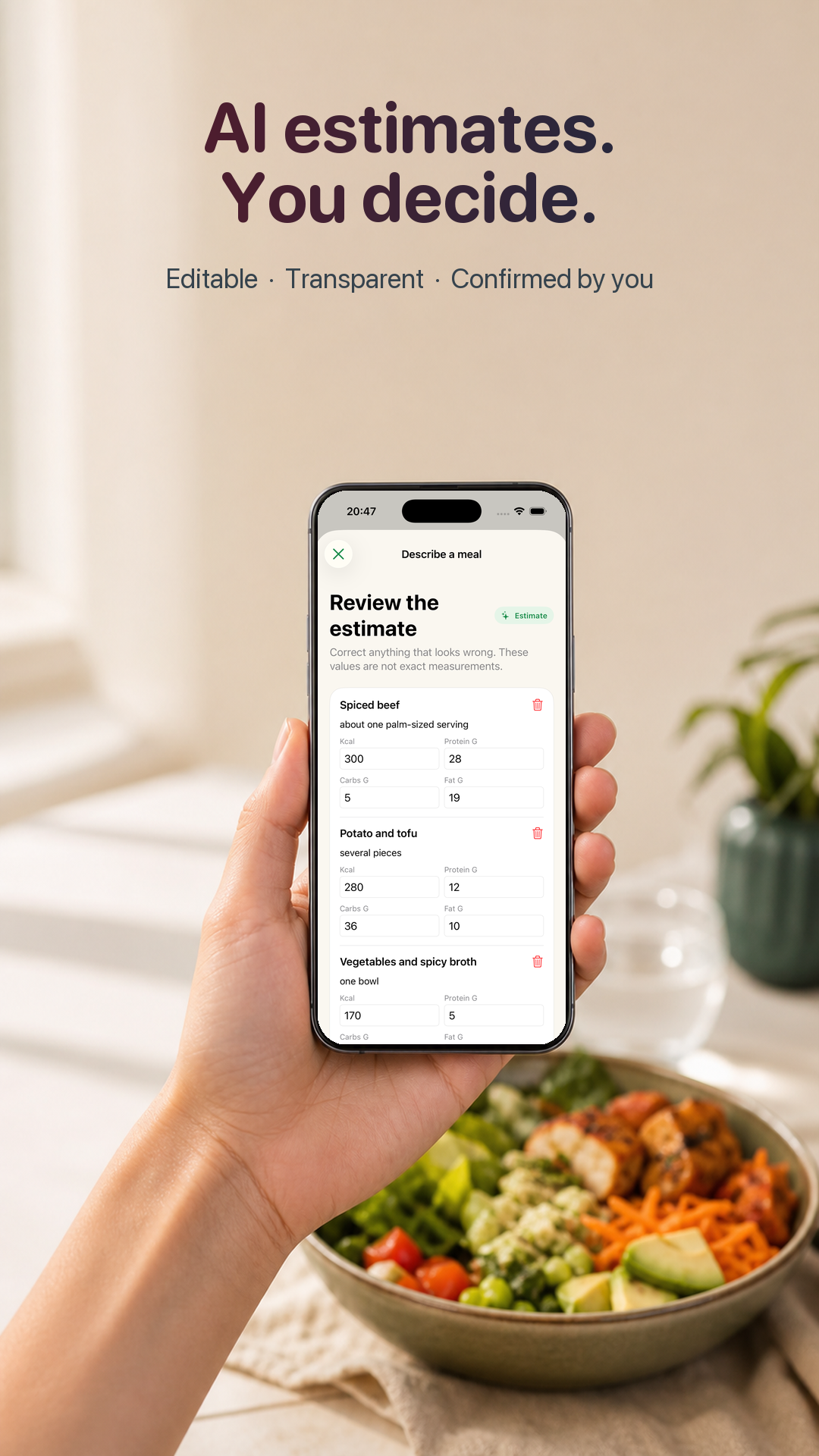 EatLose lets people review and edit an AI meal estimate before confirmation